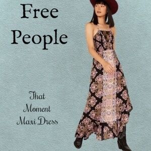 FREE PEOPLE NWT That Moment Smocked Bodice Front Lace Panel Maxi Slip Dress-Md